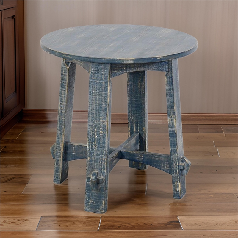 Rena Side End Table- 24 Inch Round Top- Rustic Distressed Blue Wood