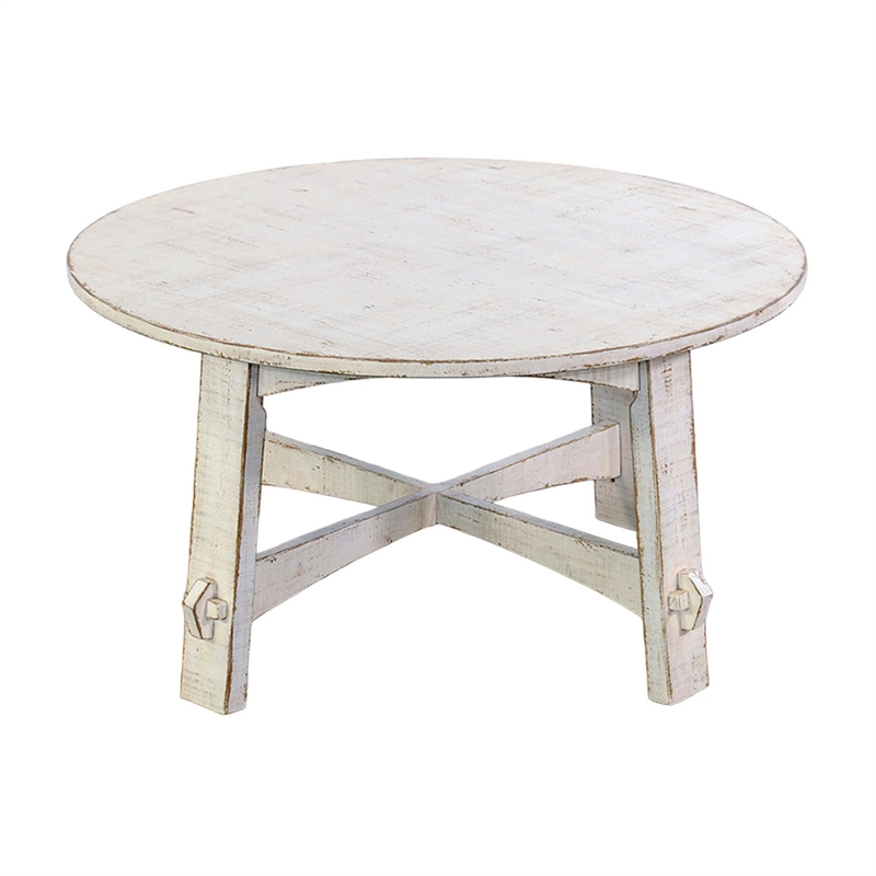 Rena Rustic Coffee Table- 36 Inch Round Top- Distressed White Wood