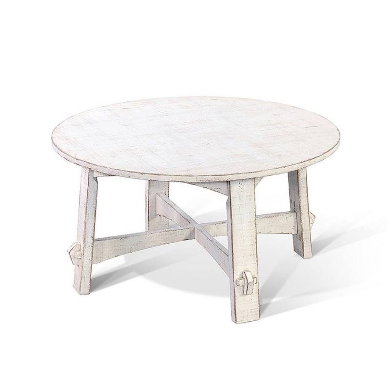 Rena Rustic Coffee Table- 36 Inch Round Top- Distressed White Wood