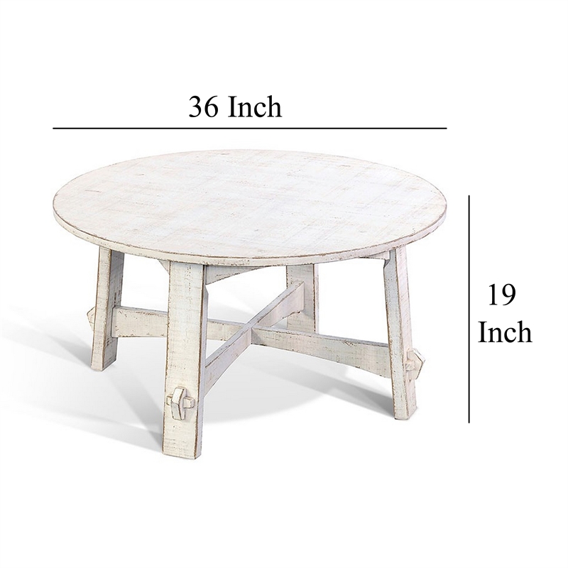 Rena Rustic Coffee Table- 36 Inch Round Top- Distressed White Wood