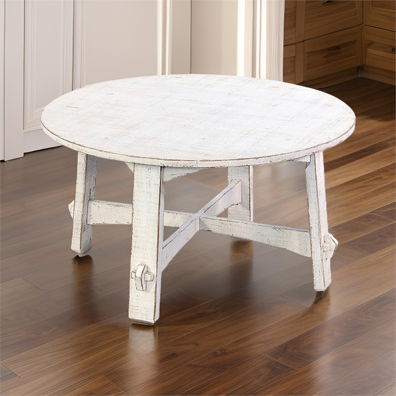 Rena Rustic Coffee Table- 36 Inch Round Top- Distressed White Wood