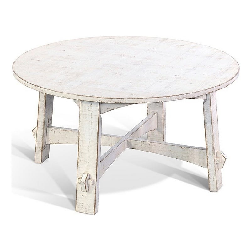 Rena Rustic Coffee Table- 36 Inch Round Top- Distressed White Wood