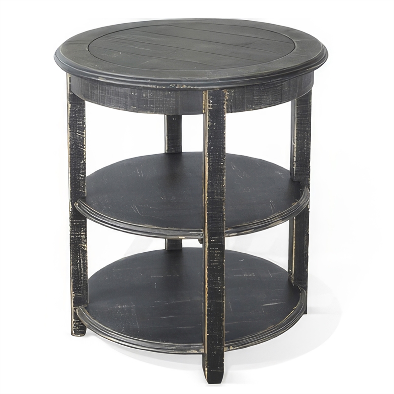 Rena Side End Table with 2 Shelves- 24 Inch Round Black Mahogany Wood
