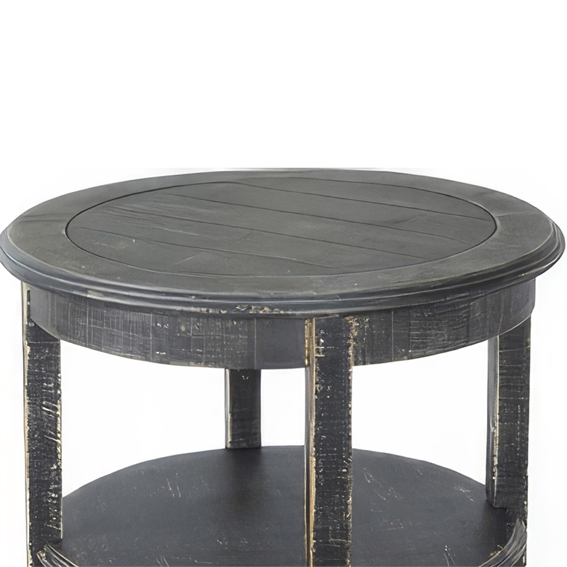 Rena Side End Table with 2 Shelves- 24 Inch Round Black Mahogany Wood