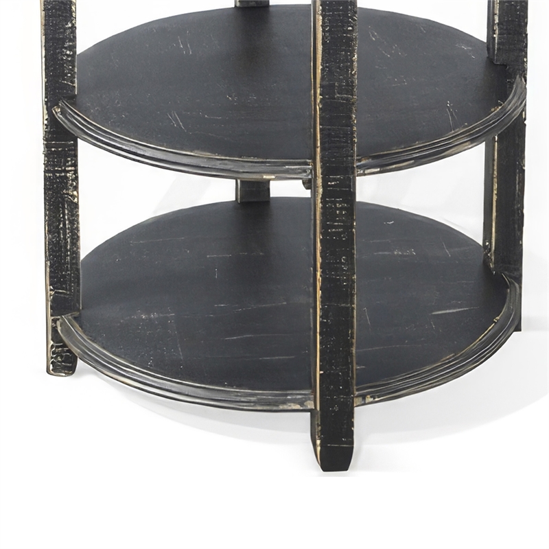 Rena Side End Table with 2 Shelves- 24 Inch Round Black Mahogany Wood