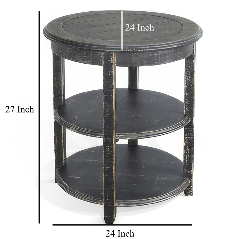 Rena Side End Table with 2 Shelves- 24 Inch Round Black Mahogany Wood