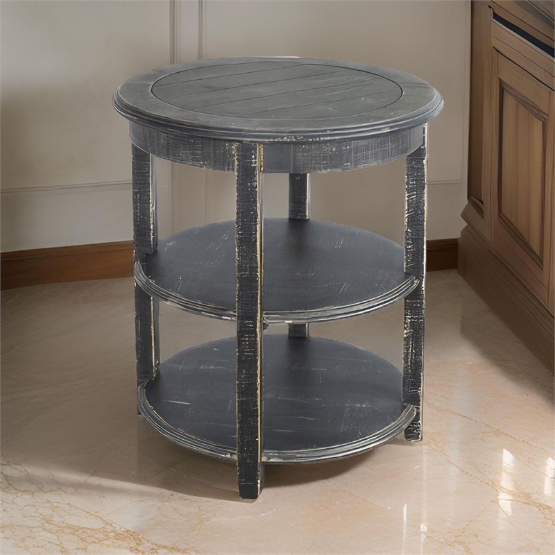 Rena Side End Table with 2 Shelves- 24 Inch Round Black Mahogany Wood