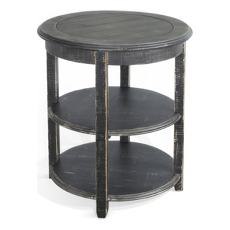 Rena Side End Table with 2 Shelves- 24 Inch Round Black Mahogany Wood