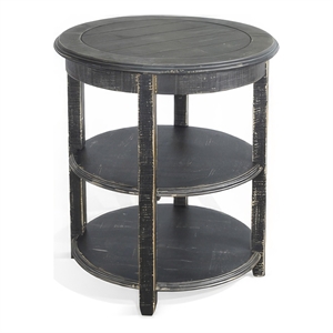 Rena Side End Table with 2 Shelves- 24 Inch Round Black Mahogany Wood
