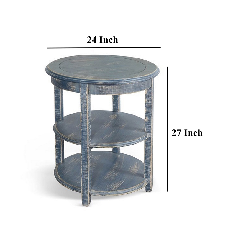 Rena Side End Table with 2 Shelves- 24 Inch Ocean Blue Mahogany Wood