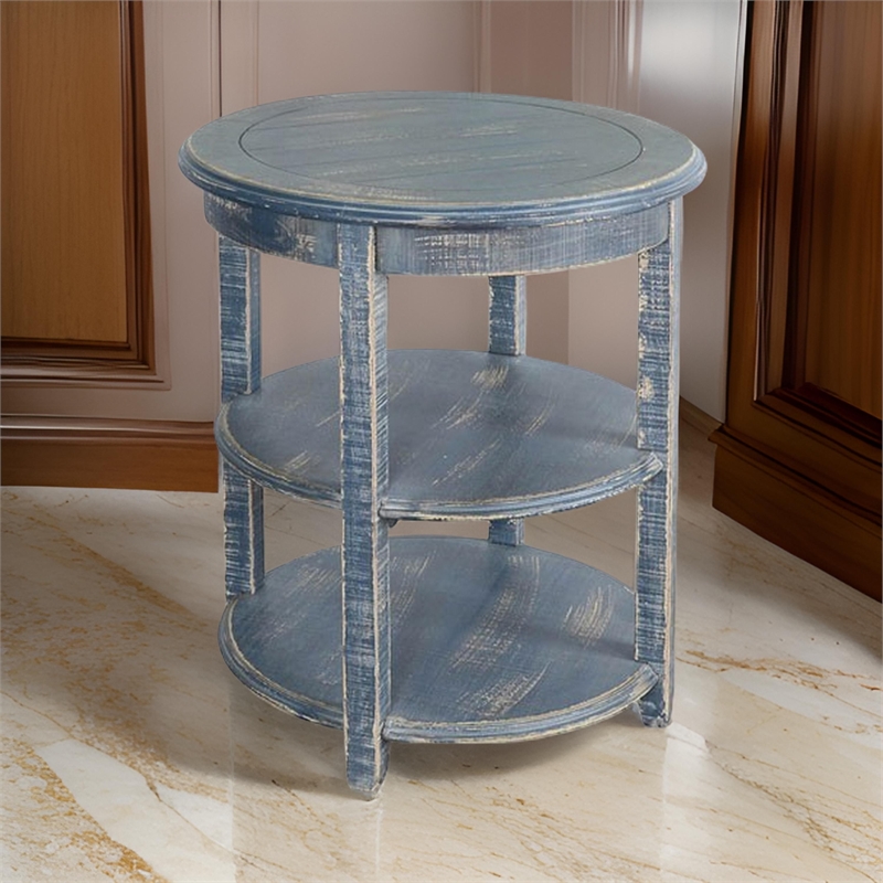 Rena Side End Table with 2 Shelves- 24 Inch Ocean Blue Mahogany Wood