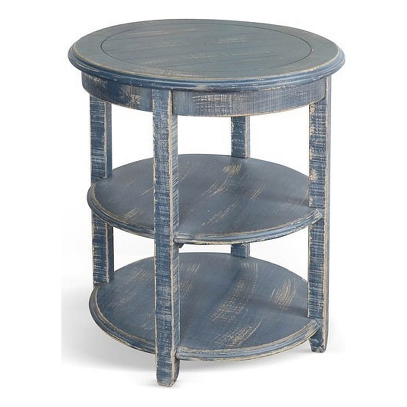 Rena Side End Table with 2 Shelves- 24 Inch Ocean Blue Mahogany Wood
