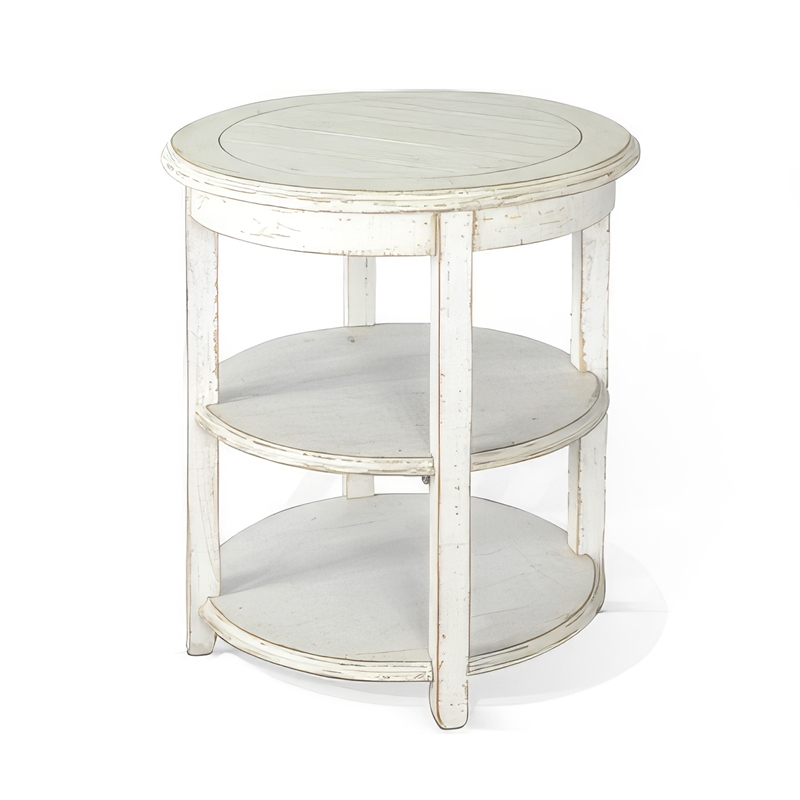 Rena Side End Table with 2 Shelves- 24 Inch Round White Mahogany Wood