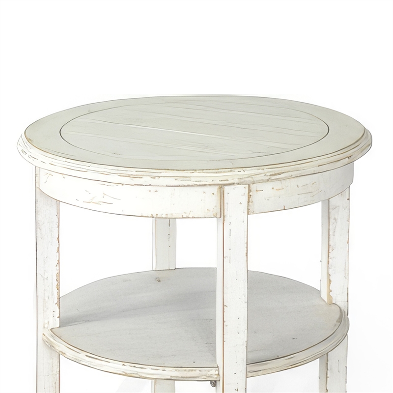 Rena Side End Table with 2 Shelves- 24 Inch Round White Mahogany Wood