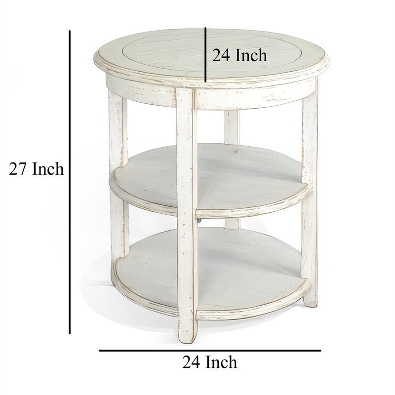 Rena Side End Table with 2 Shelves- 24 Inch Round White Mahogany Wood
