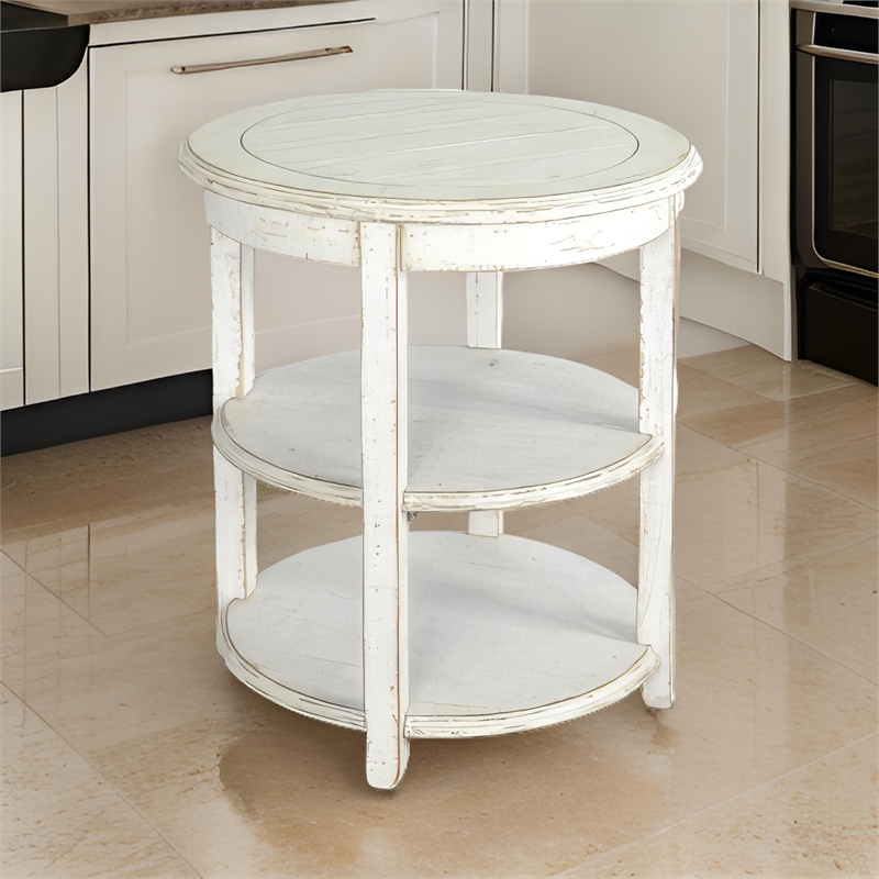 Rena Side End Table with 2 Shelves- 24 Inch Round White Mahogany Wood