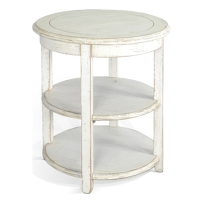 Rena Side End Table with 2 Shelves- 24 Inch Round White Mahogany Wood