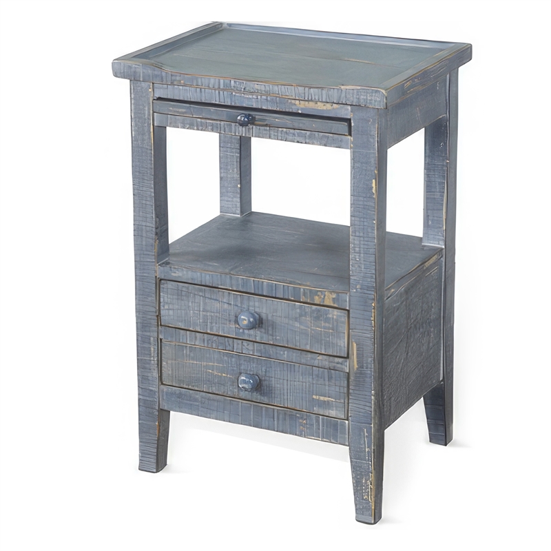 Rena Side End Table- 2 Drawers- Pull-Out Tray- 17 Inch Blue Mahogany