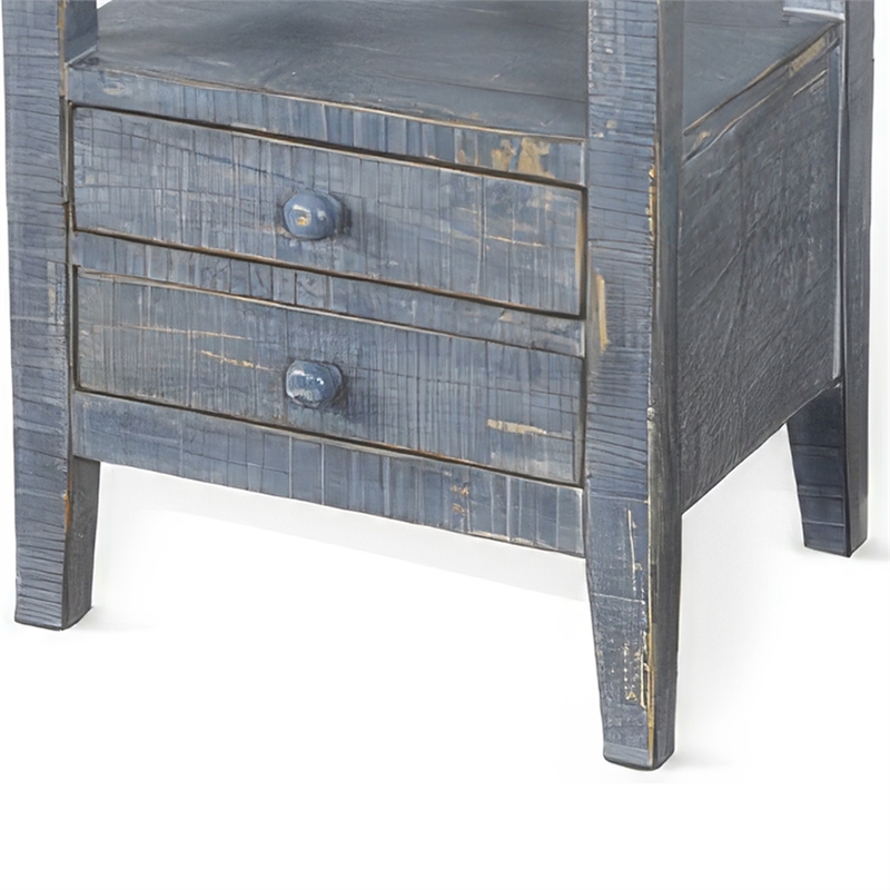 Rena Side End Table- 2 Drawers- Pull-Out Tray- 17 Inch Blue Mahogany