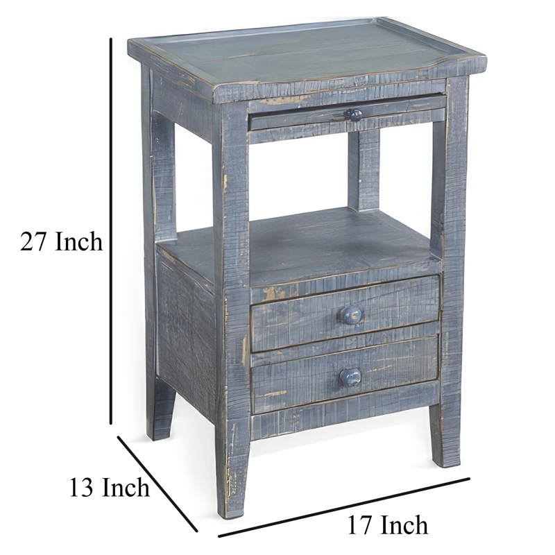 Rena Side End Table- 2 Drawers- Pull-Out Tray- 17 Inch Blue Mahogany
