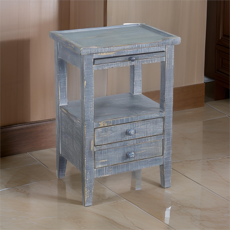 Rena Side End Table- 2 Drawers- Pull-Out Tray- 17 Inch Blue Mahogany