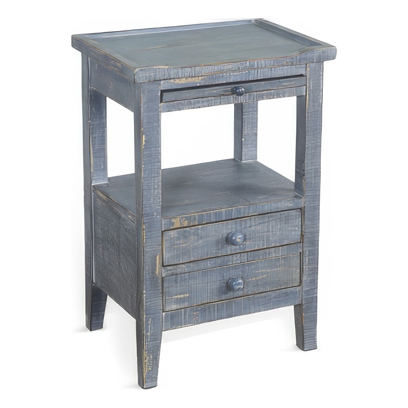 Rena Side End Table- 2 Drawers- Pull-Out Tray- 17 Inch Blue Mahogany