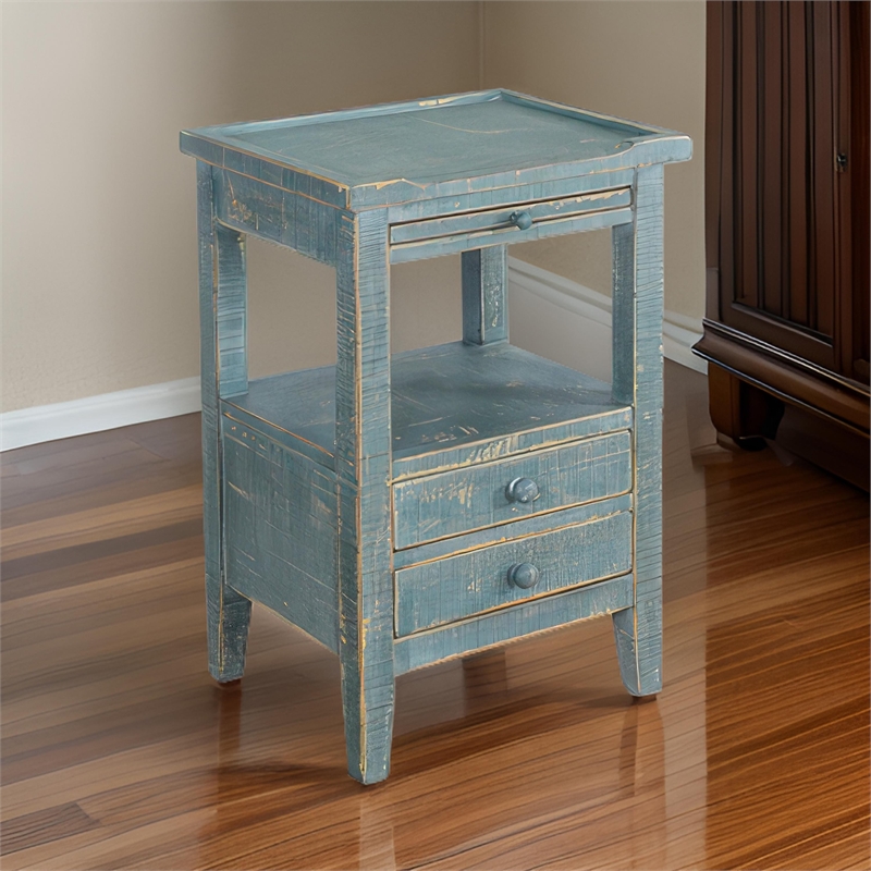 Rena Side End Table- 2 Drawers- Pull-Out Tray- 17 Inch Green Mahogany