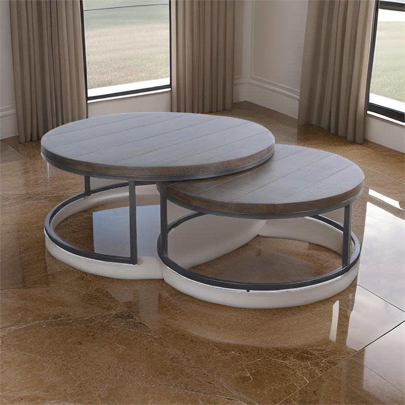 Rena 2 Piece Nesting Coffee Tables- Dark Brown Mahogany- Black Metal