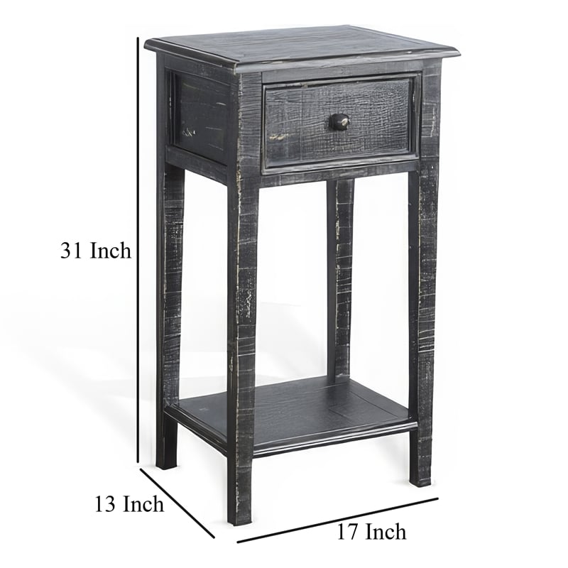Rena Side End Table with 1 Drawer- 17 Inch Rustic Black Mahogany Wood