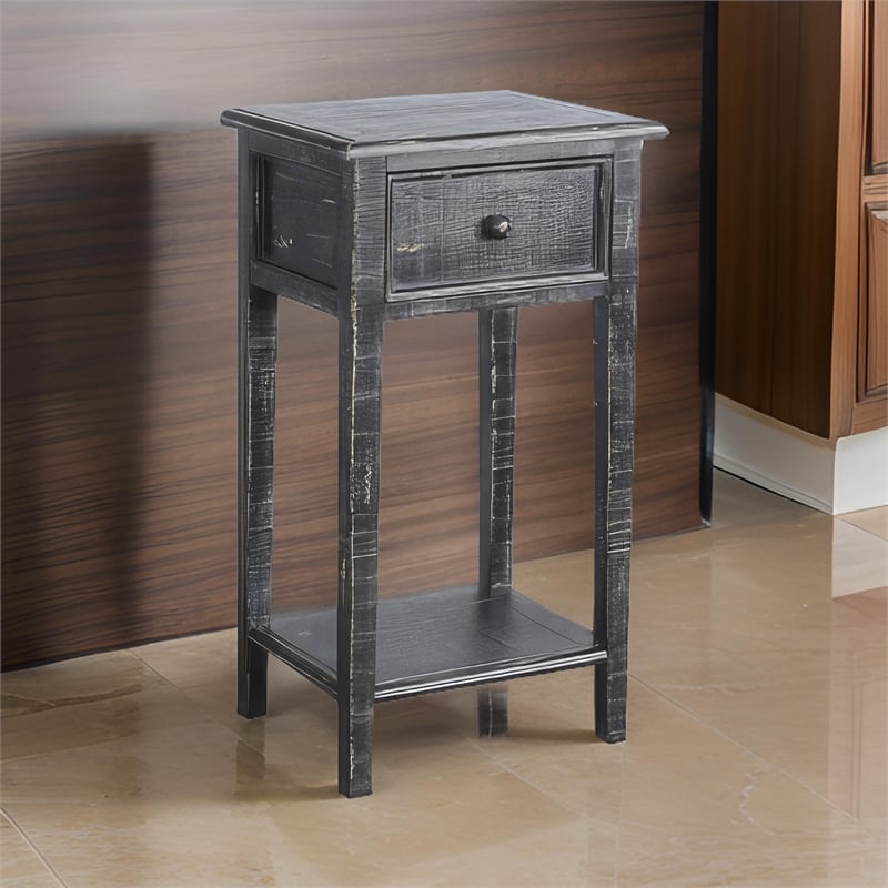 Rena Side End Table with 1 Drawer- 17 Inch Rustic Black Mahogany Wood