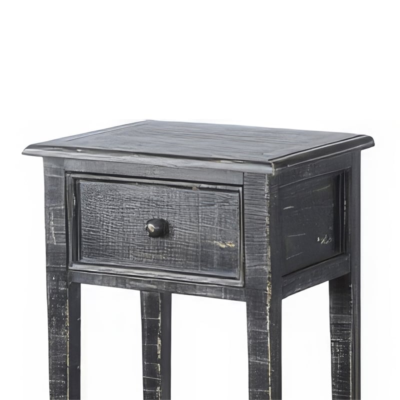 Rena Side End Table with 1 Drawer- 17 Inch Rustic Black Mahogany Wood