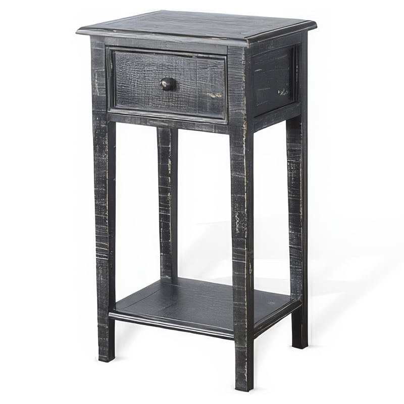 Rena Side End Table with 1 Drawer- 17 Inch Rustic Black Mahogany Wood