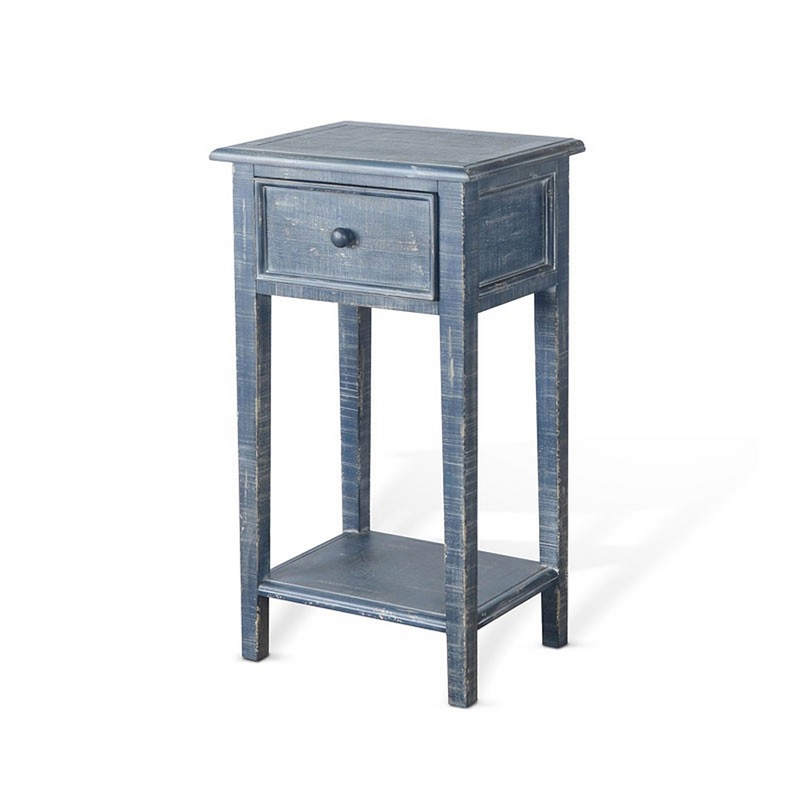 Rena Side End Table with 1 Drawer- 17 Inch Rustic Blue Mahogany Wood
