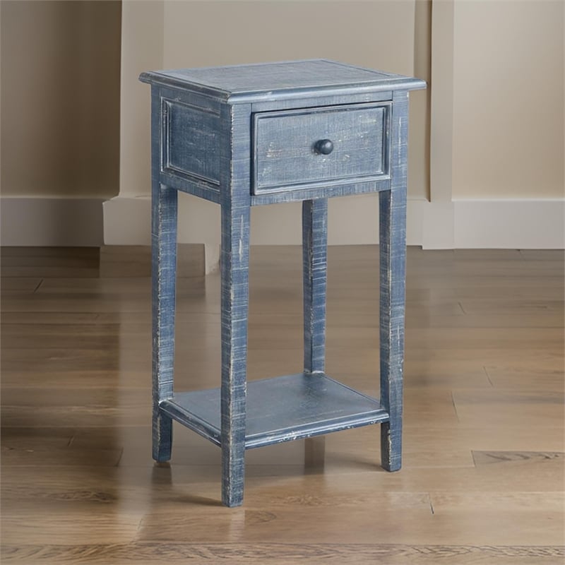 Rena Side End Table with 1 Drawer- 17 Inch Rustic Blue Mahogany Wood