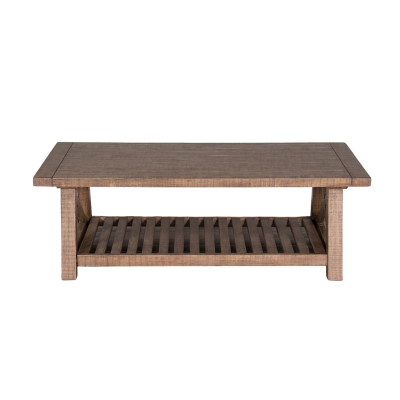 Anva Coffee Table- Light Brown Mahogany- Shelf- Rectangular 52 Inch