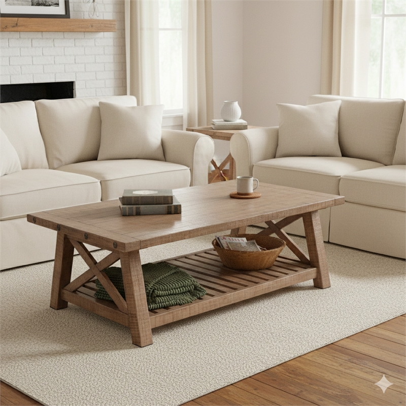 Anva Coffee Table- Light Brown Mahogany- Shelf- Rectangular 52 Inch