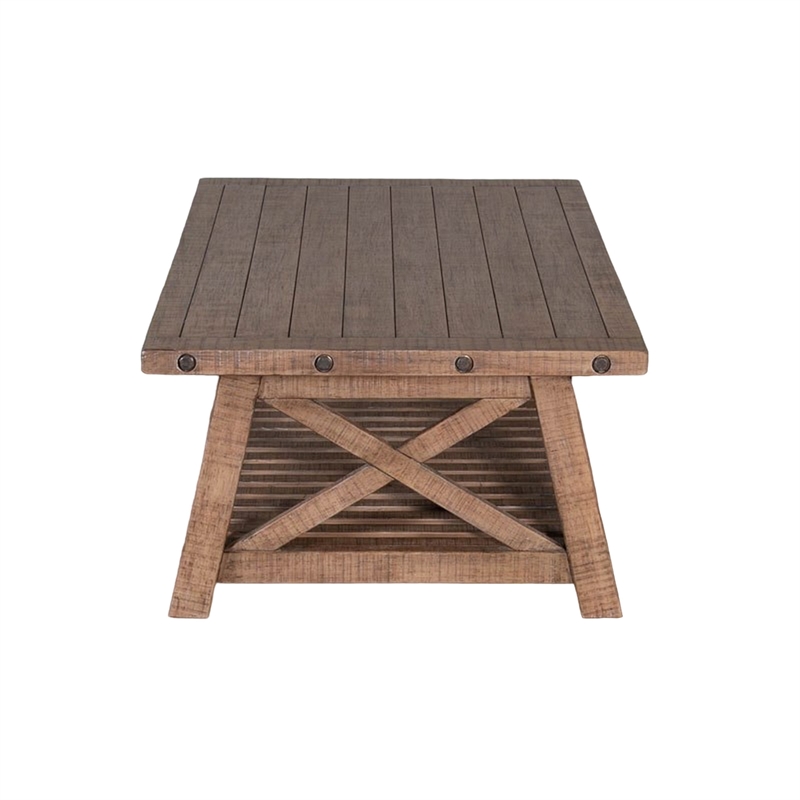 Anva Coffee Table- Light Brown Mahogany- Shelf- Rectangular 52 Inch