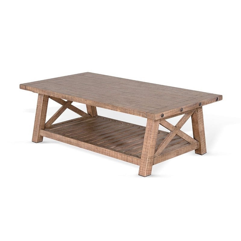 Anva Coffee Table- Light Brown Mahogany- Shelf- Rectangular 52 Inch