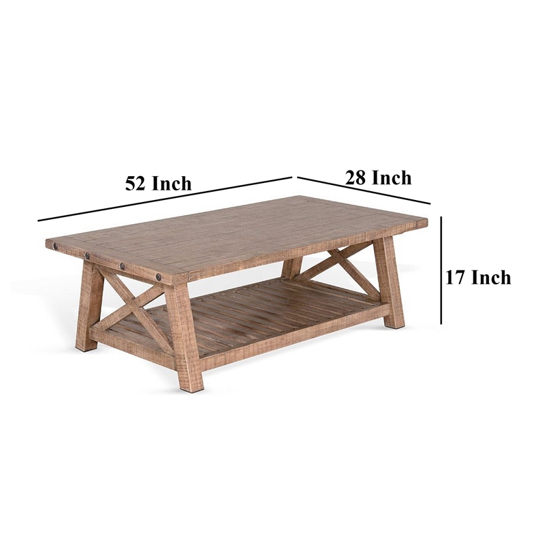 Anva Coffee Table- Light Brown Mahogany- Shelf- Rectangular 52 Inch
