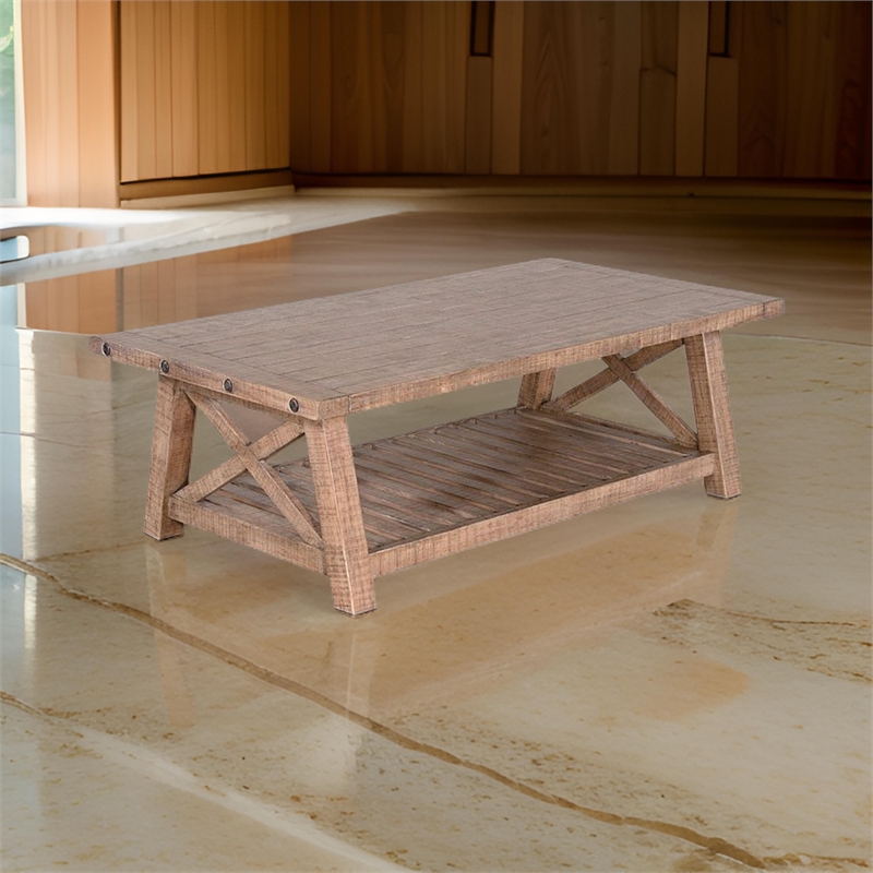 Anva Coffee Table- Light Brown Mahogany- Shelf- Rectangular 52 Inch