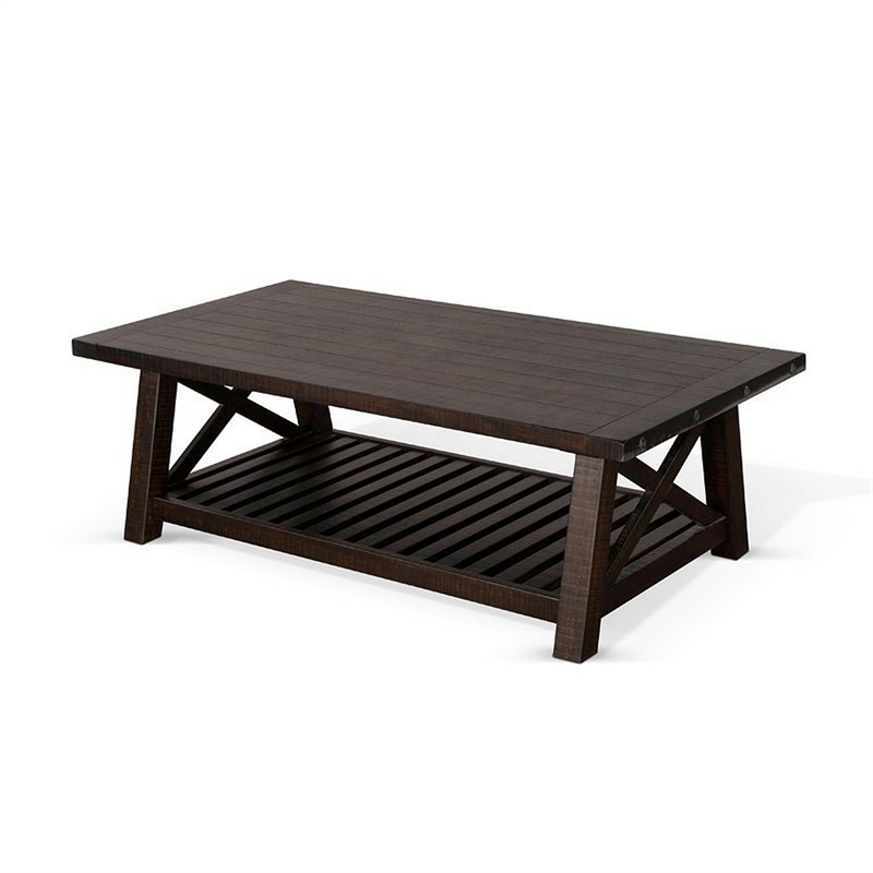 Anva Coffee Table- Dark Brown Mahogany- Shelf- Rectangular 52 Inch