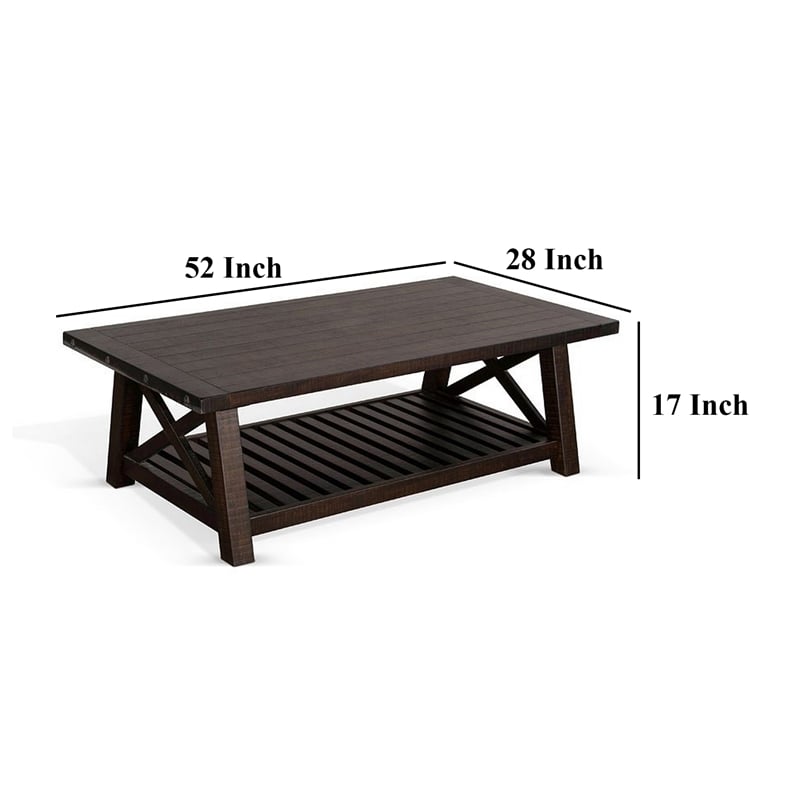 Anva Coffee Table- Dark Brown Mahogany- Shelf- Rectangular 52 Inch
