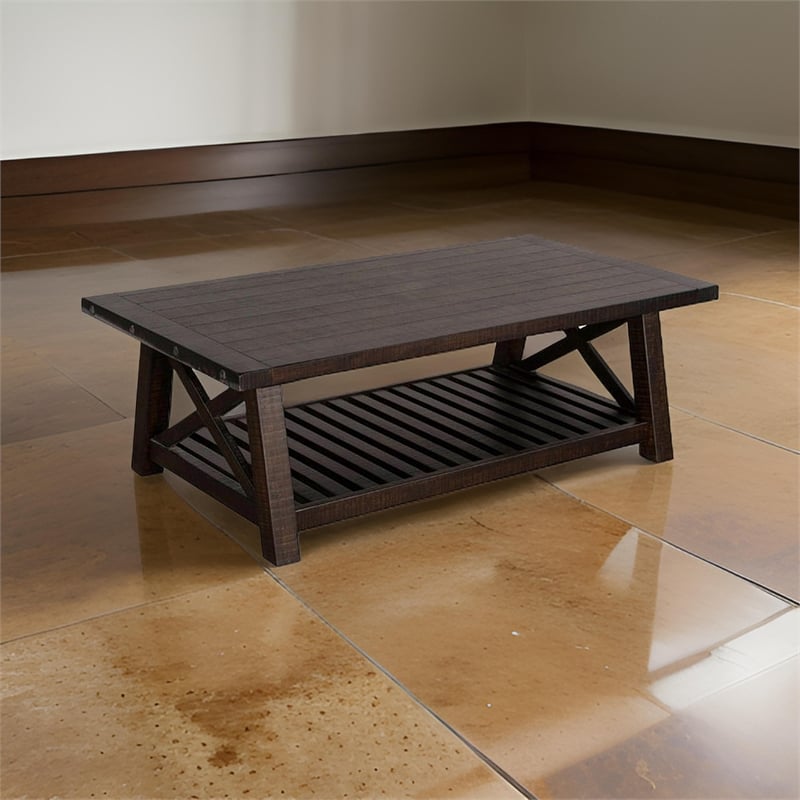 Anva Coffee Table- Dark Brown Mahogany- Shelf- Rectangular 52 Inch