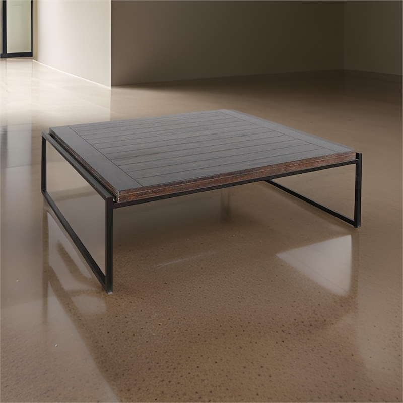 Lery Coffee Table- Dark Brown 50 Inch Square Wood Top- Black Metal