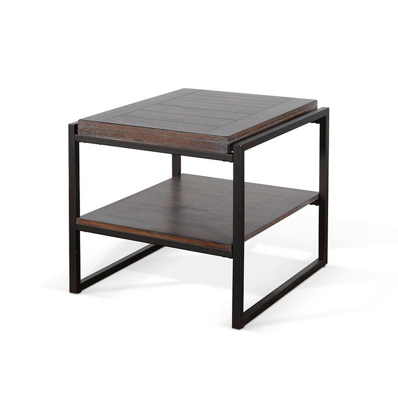 Lery End Table- Dark Brown Wood- Black Metal- Bottom Shelf- 24 Inch