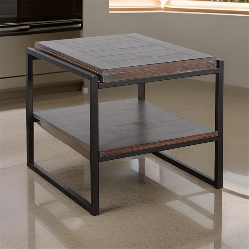 Lery End Table- Dark Brown Wood- Black Metal- Bottom Shelf- 24 Inch