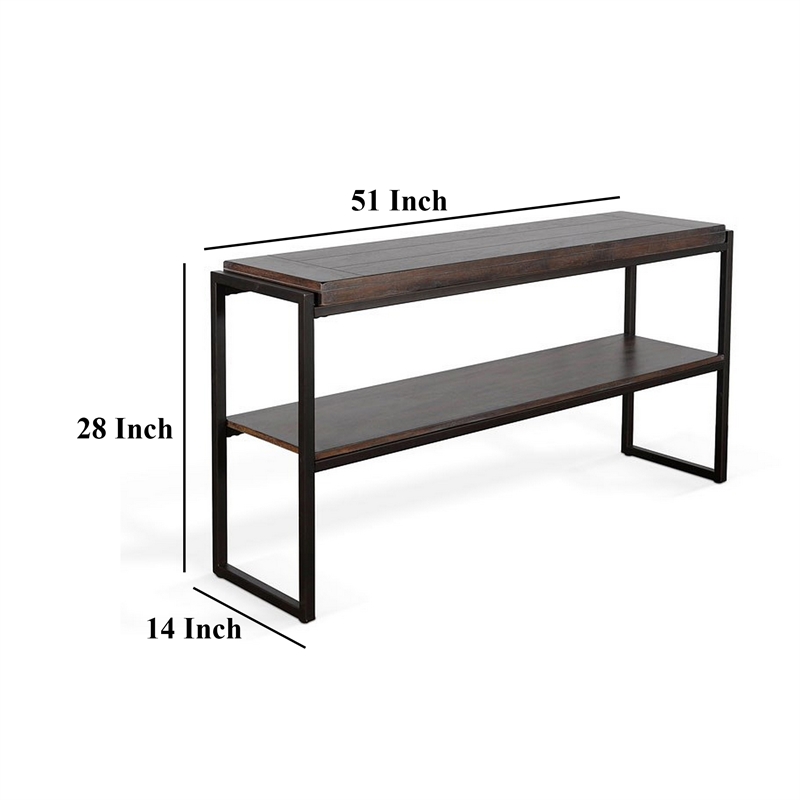 Lery Sofa Table- Dark Brown Wood- Black Metal- Bottom Shelf- 51 Inch