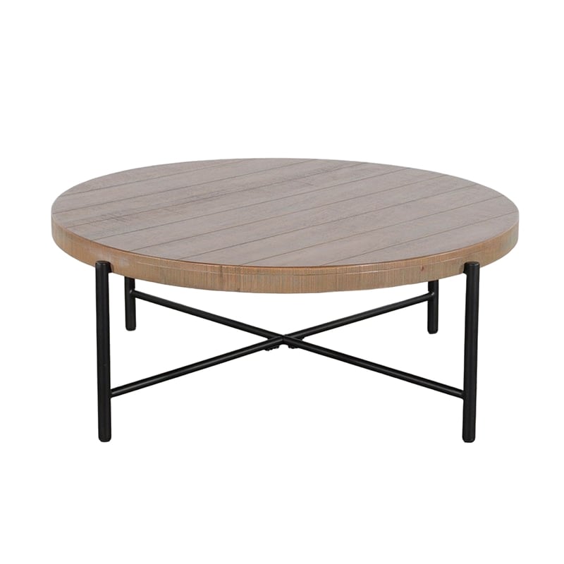 Reena Coffee Table- Light Brown Mahogany- Black Metal- Round 39 Inch