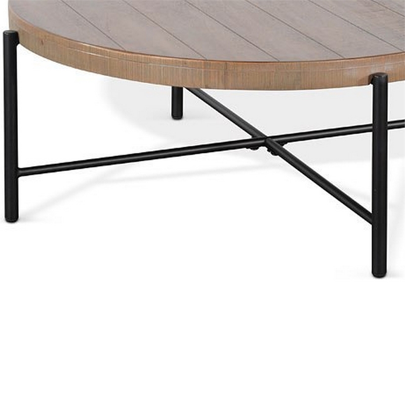 Reena Coffee Table- Light Brown Mahogany- Black Metal- Round 39 Inch