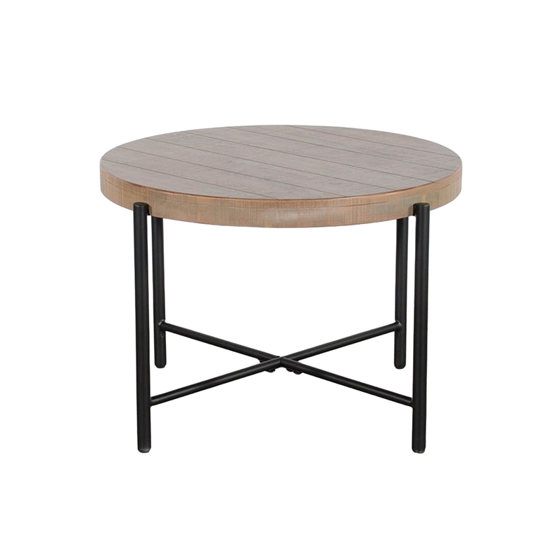 Reena End Table- Light Brown Mahogany- Black Metal- Round 28 Inch